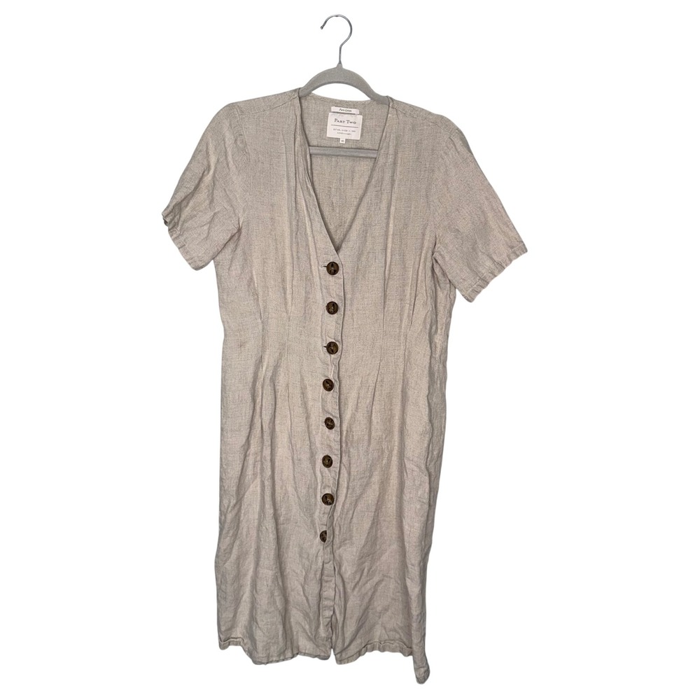 Part Two‎ Copenhagen Linen Button Front Midi Dress Size 40 Beige Short Sleeve